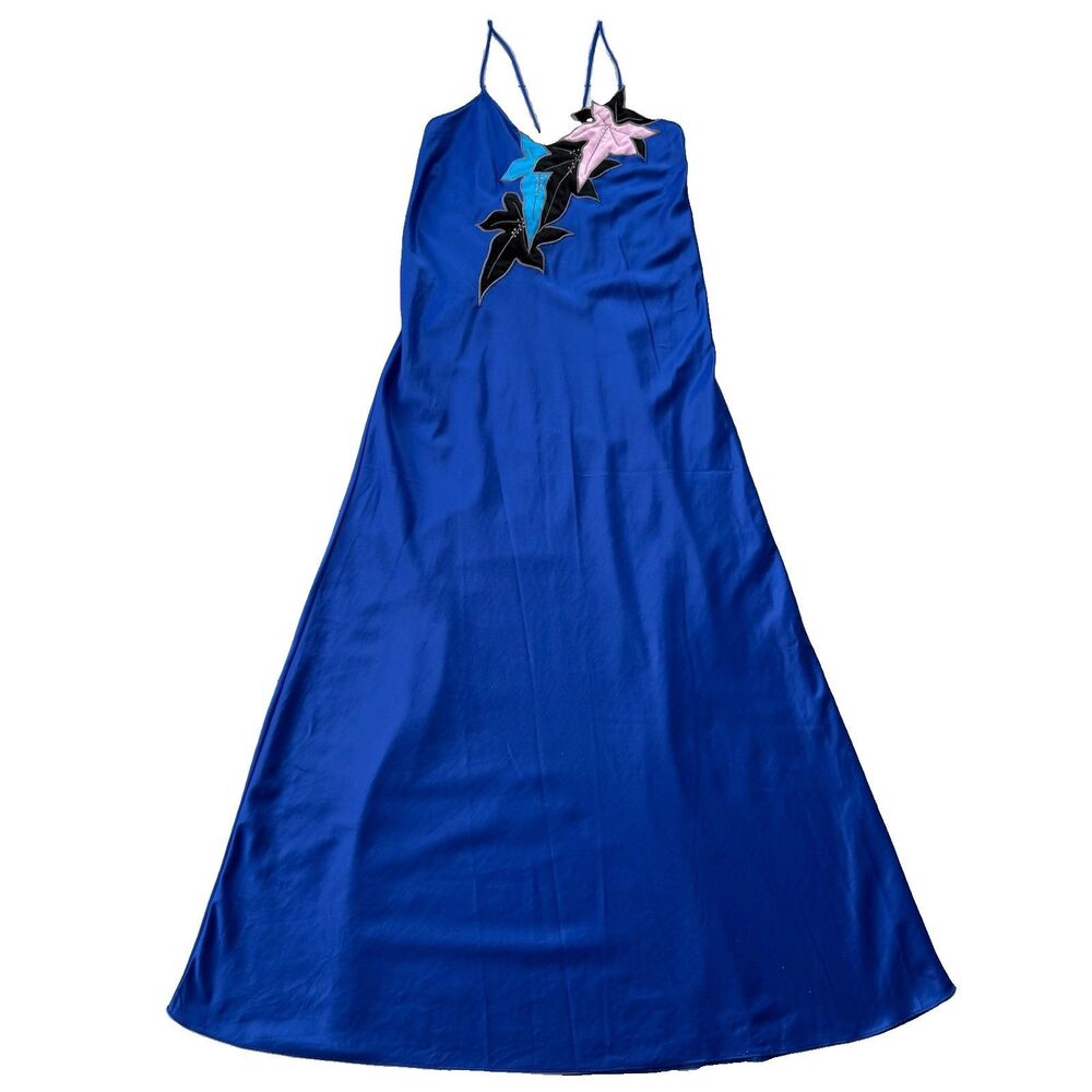 VTG Blue Natori Maxi Nightgown/Slip Dress Medium Art Deco Patchwork Boudoir